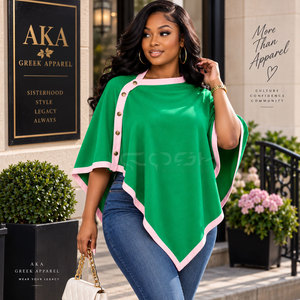 Poncho vert Cosh International Sisterhood Sorority avec bordure rose et fermeture à boutons, pull tricoté décontracté sans manches à col rond - Product Image 4