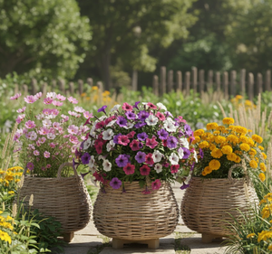 Cesta de mimbre natural tejida a mano con patas de madera, maceta redonda ecológica de mimbre para árboles y flores de Vietnam - Product Image 6