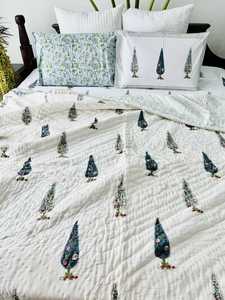 Beautiful Hand-block Printed Cypress Tree Cotton Jaipuri Razai / <b>Quilt</b> Set Reversible Botanical <b>Bedding</b> Set With Pillow Covers - Product Image 1