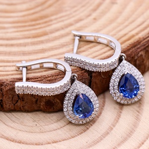 Wholesale 18k White Gold Natural Pear Blue Sapphire Diamond Double <b>Halo</b> Huggie Drop <b>Earrings</b> Memoria Jewels - Product Image 1