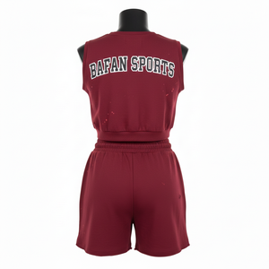 Women Premium Crop <b>Top</b> Short Set GSM Cotton Blend Fleece <b>Maroon</b> Heat Transfer Logo Custom 100% Cotton Crop <b>Top</b> & Shorts Set - Product Image 2