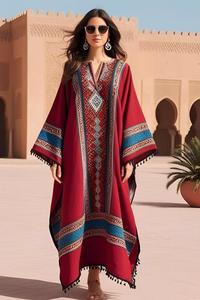 Robe longue bohème florale à col en V, manches chauve-souris, broderie géométrique en dentelle, taille naturelle, écologique, respirante, coupe régulière - Product Image 2