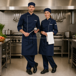 Conjunto de Uniforme de Chef Profesional Azul Marino, Manga Larga, Algodón Tejido, Cierre de Botones, Unisex, para Restaurante y Bar - Product Image 1