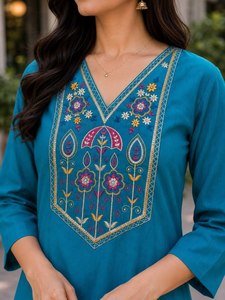 Kurtis de Algodón Color Verde Azulado para Mujer, con Cuello en V Bordado, Corte Holgado, Largo Midi, Estilo Tradicional Indio-Pakistaní, Ropa Casual - Product Image 5