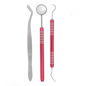 Juego de instrumentos quirúrgicos dentales con mango rojo, 3 piezas: espejo, pinzas y explorador, con agarre manual moleteado plateado, certificado CE Clase I - Product Image 1