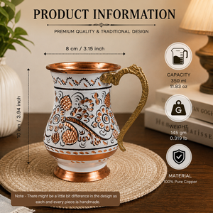 Juego de Tazas de Café de Cobre Puro Hechas a Mano con Asa de Latón, Diseño Floral Esmaltado en Blanco y Negro, Taza de Agua/Té de 350 ml, Taza de Regalo Vintage - Product Image 6