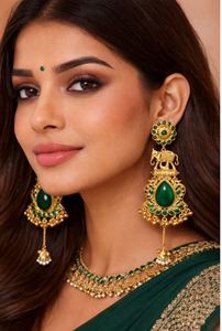 Polki Kashmiri Luxury Indian Traditional Long Gold Plated Crystal Rhinestone <b>Elephant</b> Ethnic Drop <b>Earrings</b> Certified Bridal - Product Image 2