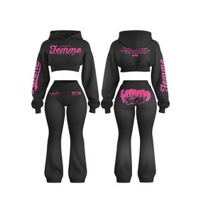 Ensemble pantalon et haut court à capuche noir pour femme, imprimé lettres roses, tenue tricotée décontractée deux pièces pour l'hiver - Product Image 1