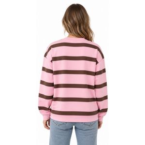 Sweat-shirts en coton pour femmes à rayures roses, col rond côtelé, manches longues, pull-over 100% coton, respirant, léger, décontracté - Product Image 3