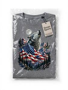 Camiseta de manga corta gris para hombre con estampado frontal de lobo ulugando y bandera americana, camiseta informal con cuello redondo, 100% algodón - Product Image 4