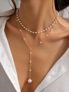 Collier ajustable en Y avec pendentif perle, ras-de-cou superposé perlé, plaqué or pour femme, idéal pour les fêtes, mariages et usage quotidien - Product Image 3