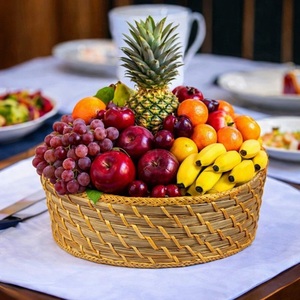 Panier à fruits en bambou tressé à la main avec bordure jaune, en fibre naturelle durable, conteneur de rangement manuel, lavage à la main uniquement, pour table de cuisine - Product Image 2