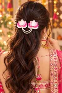 Barrettes à cheveux en crochet faites à la main en forme de fleur de lotus avec chaîne de perles rose et blanche, accessoires de mariage pour femmes - Product Image 3