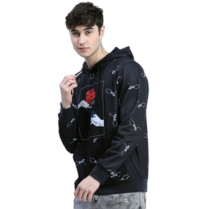 Sudadera con capucha negra personalizada para hombre con estampado de rosa y esqueleto, corte regular, estilo casual, para otoño. - Product Image 2