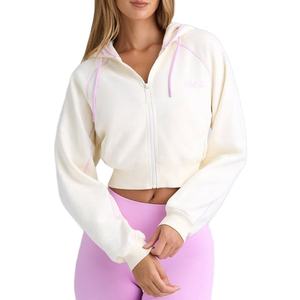 Oem Sportswear Sweatshirts <b>Fleece</b> <b>Women</b> Solid Embroidery Blank Loose Pullover Long Sleeve Crop <b>Top</b> Hoodie with Zipper - Product Image 1