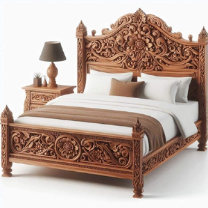 Lit en teck royal avec des motifs floraux complexes sculptés à la main et une sommier cintrée majestueuse. Disponible aux prix de gros. - Product Image 4