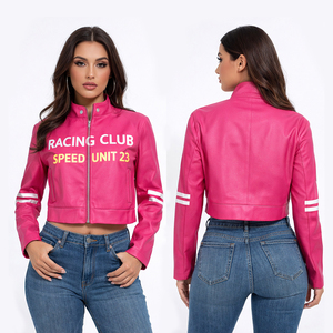 Blouson Moto Court Femme Personnalisé avec Motif Club de Course, Coupe Slim, Zippé, Style Motard, Bleu Marine, Streetwear, Mode Décontractée, Vêtement d'extérieur - Product Image 3