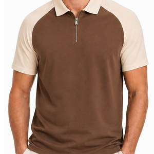 Polo élégant et tendance pour homme, col quart zippé, manches courtes, marron beige bicolore, style golf. - Product Image 2