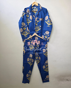 Conjunto de Pijama de Manga Larga para Mujer, Diseño Floral en Algodón Azul, Hecho a Mano, Transpirable, para Primavera, Verano y Otoño - Product Image 6