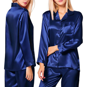 Full Sleeve Satin Pajama Set Turn <b>Down</b> Collar Button Front Full Length <b>Pants</b> Relaxed Fit - Product Image 2