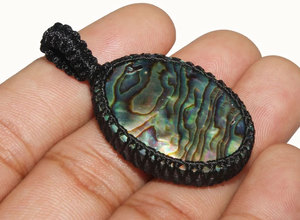 Handmade <b>Abalone</b> Paua <b>Shell</b> Macrame Pendant Black Cord Iridescent Colors Boho Necklace Unisex Everyday Wear - Product Image 1