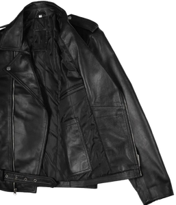 Blouson en cuir noir pour homme, style motard, avec ceinture, en cuir véritable, personnalisable avec logo, OEM/ODM, vente en gros - Product Image 5