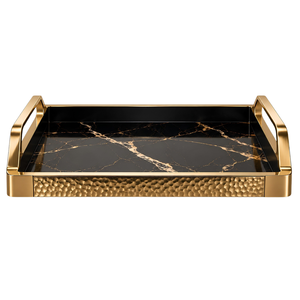 Decorative Iron Serving Tray | Black Gold <b>Marble</b> <b>Effect</b> Rectangular Platter with Handles for Dining <b>Coffee</b> <b>Table</b> Home Decor Gift - Product Image 1