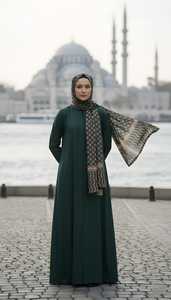 Women Plus Size Long Sleeve Floor Length Modest Abaya Solid Color Loose Fit All Seasons with Geometric Print Scarf - Product Image 3