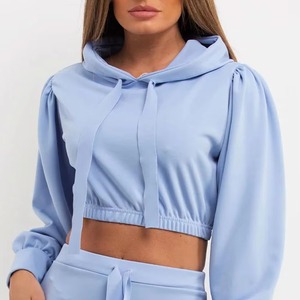 Women's Winter Knitted Crop Pullover Hoodie and Shorts Set Custom Made Women Casual Hoodie Short Sets Front For Sale - Product Image 6