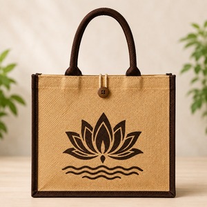 Bolso Tote Mediano de Yute HINDVANTA GLOBAL con Estampado de Loto, Cierre de Cremallera, Asas para Llevar al Hombro, Lavable, 100% Ecológico y Reutilizable - Product Image 1