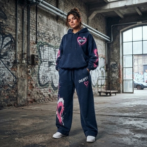 Ensemble de survêtement décontracté pour femme, bleu marine et rose, avec sweat à capuche imprimé cœur graffiti et pantalon de jogging large, tenue deux pièces - Product Image 3