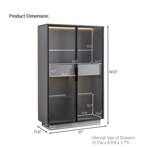 Vetrina Moderna Alta 154 cm con Porta in Vetro Temperato e Illuminazione LED, 2 Cassetti per Arredamento Soggiorno - Product Image 3