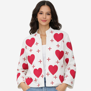 <b>White</b> Heart Print Mandarin Collar Bomber <b>Jacket</b> Women's Spring Full Sleeve Regular Fit 100% Cotton Eco-Friendly Reversible - Product Image 1