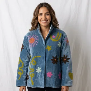 Rajasthani Textile Eco-Friendly Floral <b>Pattern</b> Velvet Cotton Bomber <b>Jacket</b> Sheep Skin Trim Embroidered Regular Sleeves Cotton - Product Image 1