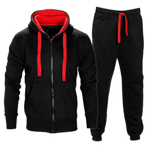 Premium Men’s Stealth Black <b>Tracksuit</b> with Contrast Fire Red Accents – High-Performance Two-Piece Athletic Zip-Up Hoodie - Product Image 1