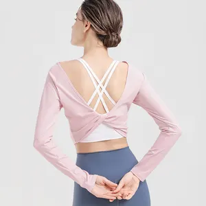 Neues Modell rundhalsausschnitt Nylon Elasthan Kink-Rückseite-Design atmungsaktiv stretch-fitness Damen-T-Shirt Sportbekleidung Yoga-Lange Ärmel