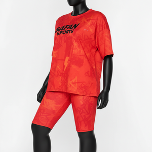 ชุดเสื้อยืดและกางเกงขาสั้นผู้หญิง ผ้าโพลีเอสเตอร์ผสมสแปนเด็กซ์ สีแดงส้ม สำหรับเล่นกีฬา สกรีนโลโก้ตามสั่ง เสื้อยืดผ้าฝ้าย 100% ชุดเสื้อยืดและกางเกงขาสั้น - Product Image 4