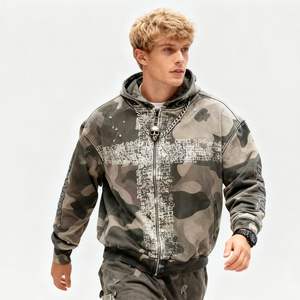 Sudadera con capucha OEM para hombre, estilo urbano, de invierno, gruesa, con cremallera, efecto desgastado, vintage, con bordado personalizado, 100% algodón, color liso. - Product Image 4