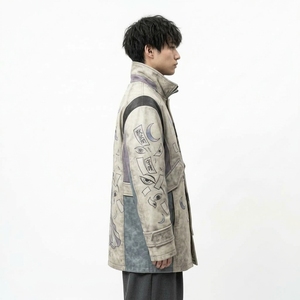 <b>Mens</b> Distressed Vintage <b>Long</b> Leather <b>Coat</b> Anime Spirit Graphic Stand Collar Windbreaker Harajuku Streetwear Outerwear - Product Image 3