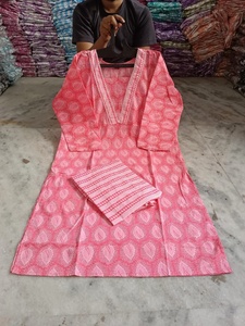 Conjunto de Kurta y Pantalón de Algodón Orgánico Puro, Cuello en V, Estampado Floral, Transpirable, Bordado, Corte Lateral Recto, Cintura Elástica Larga, Estilo Casual y Bonito - Product Image 6