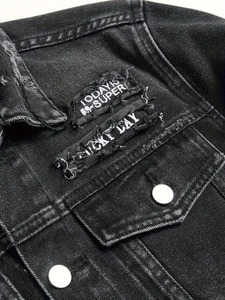 Chaqueta Casual de Mezclilla Negra para Hombre, Cuello Alto, Estilo Jeans Desgastados, para Primavera y Otoño, Corte Estándar, Algodón Lavado, Estilo Vintage - Product Image 5