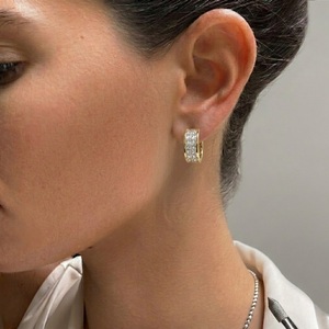 Luxury 18k <b>Solid</b> Yellow <b>Gold</b> <b>Huggie</b> Earrings Double Row Princess Cut Natural Diamond Hoop Invisible Setting Fine Jewelry Factory - Product Image 3