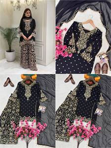 Conjunto de Kurta Tradicional Indio-Pakistaní Negro para Mujer con Bordado Dorado, Largo hasta el Suelo, para Bodas, Corte Holgado, en Rayón - Product Image 3