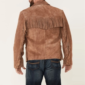 Premium Brown Genuine <b>Suede</b> Leather <b>Men</b> Fringe <b>Jacket</b> Retro Turn Down Collar Cowboy Style Wholesale Customization Available - Product Image 2