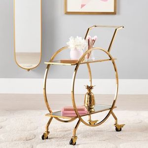 Modern Gold Finish Iron Beverage Cart with Glass Shelves Wheels <b>Serving</b> <b>Trolley</b> Home Kitchen Dining Room Stylish Storage Display - Product Image 3