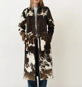 Chaqueta Bomber Larga de Cuero Vacuno Ecológico para Mujer, Estilo Utilitario con Botones y Cuello, Manga Larga, Tejido con Relieve, para Invierno - Product Image 1