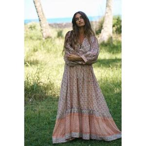 Vestido Boho con Estampado Floral, Cuello en V, Manga Larga, Corte Holgado, Tejido de Punto de Algodón, Silueta en A, Casual de Verano - Product Image 1