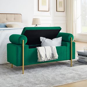 Elegante Panca Contenitore in Velluto Verde con Gambe in Ferro e Braccioli Cilindrici per Ingresso, Soggiorno e Camera da Letto - Product Image 5