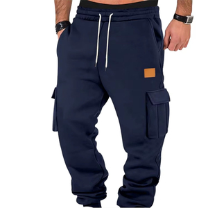 Men's Navy Blue Canvas Cargo Sweatpants Spandex/Cotton Elastic Waist Drawstring Multiple Pockets Casual Jogger Pants Windproof - Product Image 1