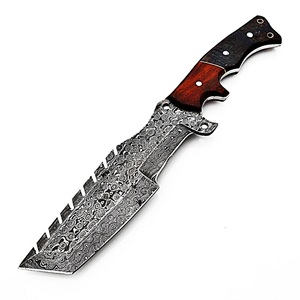 Handmade DIY Damascus Steel Outdoor Knife with Serrated Spine and Wooden Handle with <b>Leather</b> Sheath for Camping Use OEM - Product Image 4